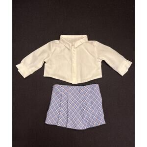 American Girl Doll School Outfit With White Collared Shirt And Blue Plaid Skort